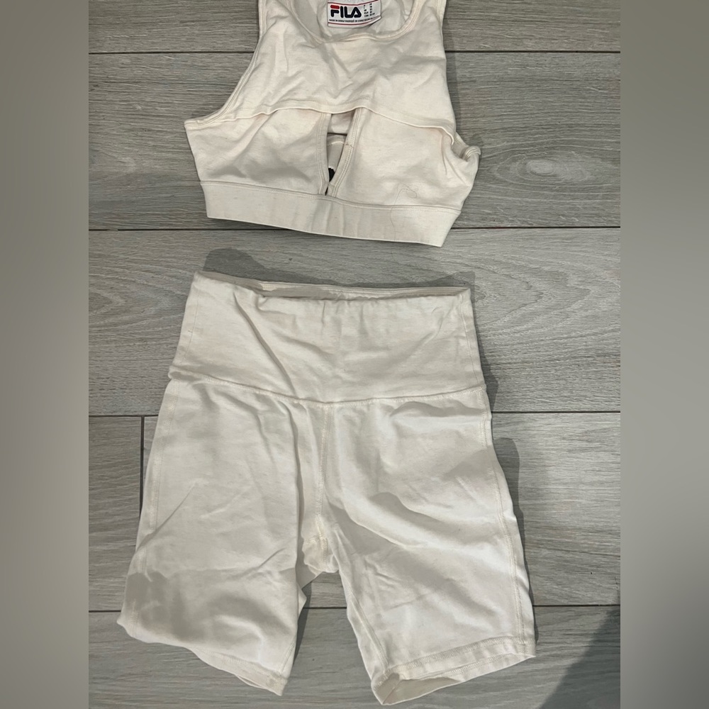 Used Fila Biker Shorts and Keyhole Sports Bra-creamy White